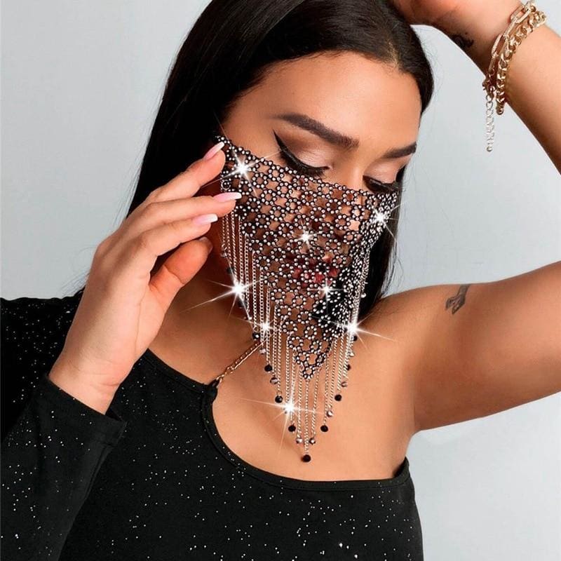 Allure - Sparkly Rhinestone Mask - Black Net Crystal Mask - 