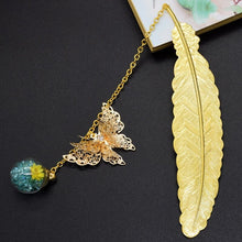 Load image into Gallery viewer, Metal Feather and Butterfly Bookmark - Gold with Blue Charm

