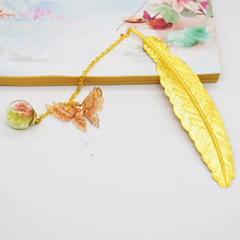 Load image into Gallery viewer, Metal Feather and Butterfly Bookmark - Gold with Green Charm
