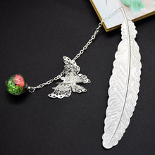 Load image into Gallery viewer, Metal Feather and Butterfly Bookmark - Silver with Green 
