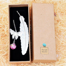 Load image into Gallery viewer, Metal Feather and Butterfly Bookmark - Silver with Pink 
