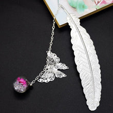 Load image into Gallery viewer, Metal Feather and Butterfly Bookmark - Silver with Rose 
